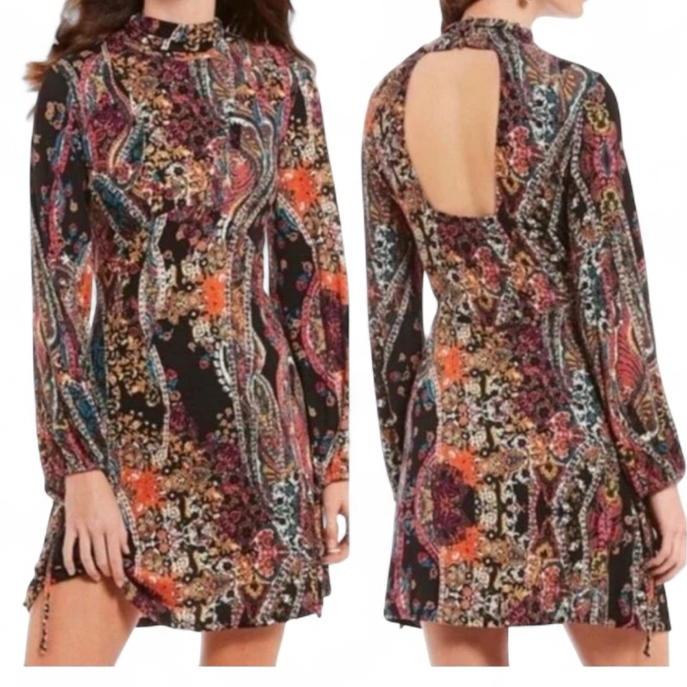 Free People All Dolled Up Paisley Mini Dress Long Sleeve Boho Open Back S